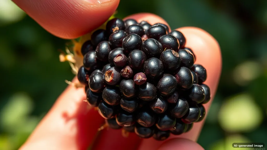 Eine Nahaufnahme einer zerdrückten Brombeere, die ihre einzelnen kleinen Steinfrucht-Teilchen und Kerne im Detail zeigt.