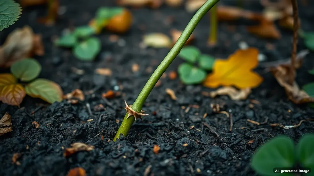 Ein Brombeertrieb wird im Herbst zur Ablegerbildung in die feuchte Erde gebogen und leicht eingegraben.