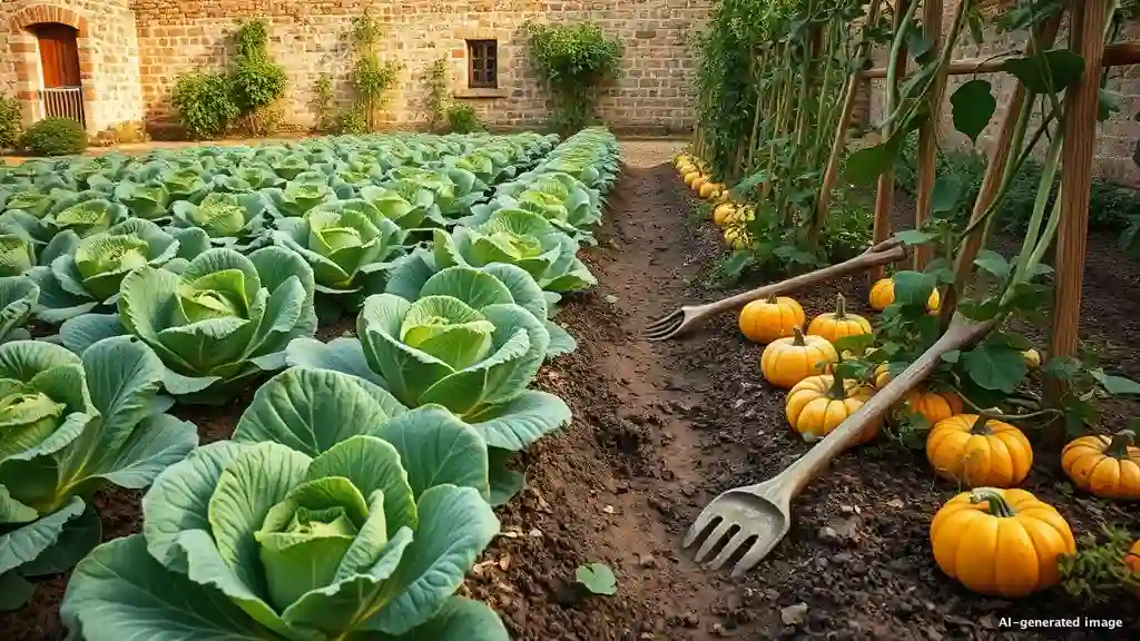 Ein mittelalterlicher Klostergemüsegarten mit Kohlreihen, an Stützen rankenden Bohnen und Kürbissen unter sanftem Morgenlicht.