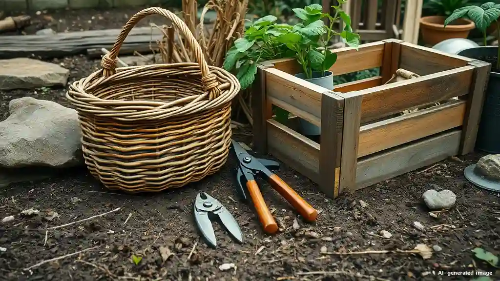Ein geflochtener Erntekorb liegt neben einer Holzkiste und einem Gartenmesser auf dem Boden.
