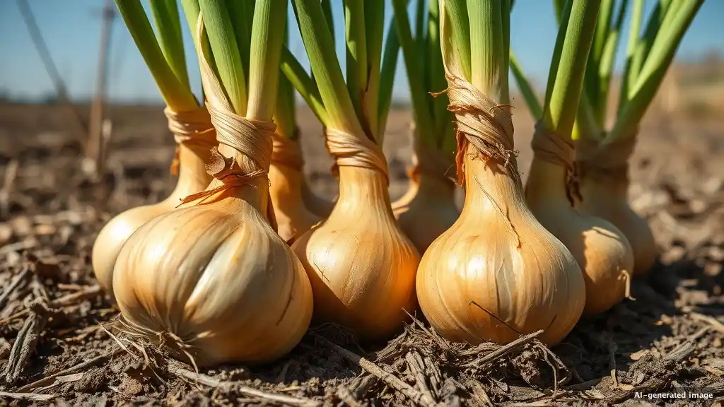 Verwelktes, gelbbraunes Zwiebellaub liegt flach auf der trockenen Erde neben einer reifen Zwiebelpflanze.