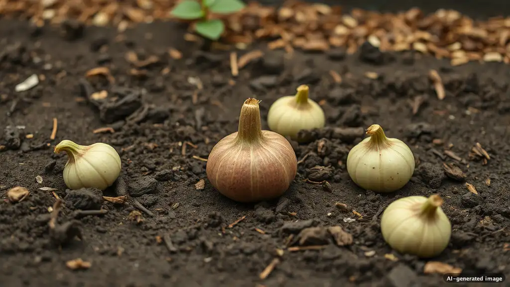 Einzelne Knoblauchzehen liegen neben einer ganzen Knolle auf feuchter, dunkler Gartenerde.