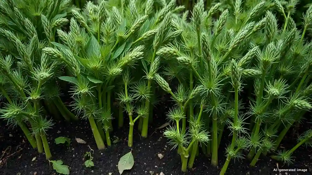 Dicht wachsende grüne Spargelstauden mit federartigen Blättern stehen auf einem feuchten Beet im Garten.