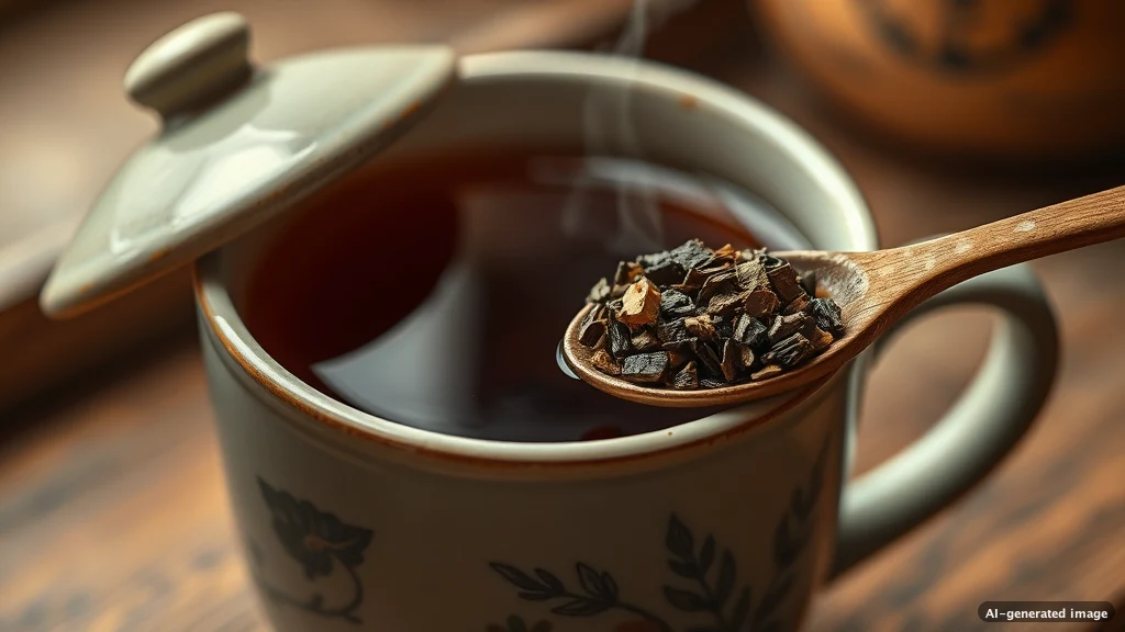 Eine Tasse mit dunklem Kräutertee und einem Löffel getrockneter Baldrianwurzeln auf einer rustikalen Oberfläche.