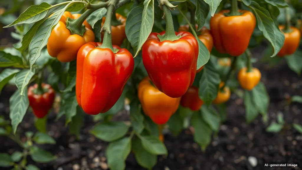 Mehrere reife rote und orangefarbene Paprikaschoten hängen an einem grünen Strauch im Garten.
