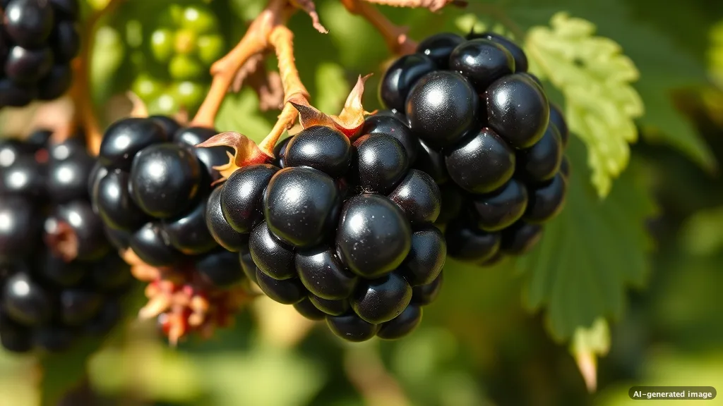 Nahaufnahme von glänzenden, tiefschwarzen, reifen Brombeeren an einem dornigen Strauch im Sonnenlicht.