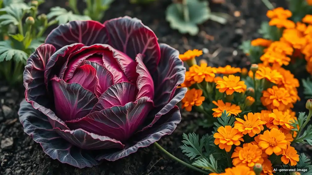 Ein tiefroter Rotkohl steht direkt neben leuchtend orangefarbenen Tagetes-Blüten in einem Gartenbeet.