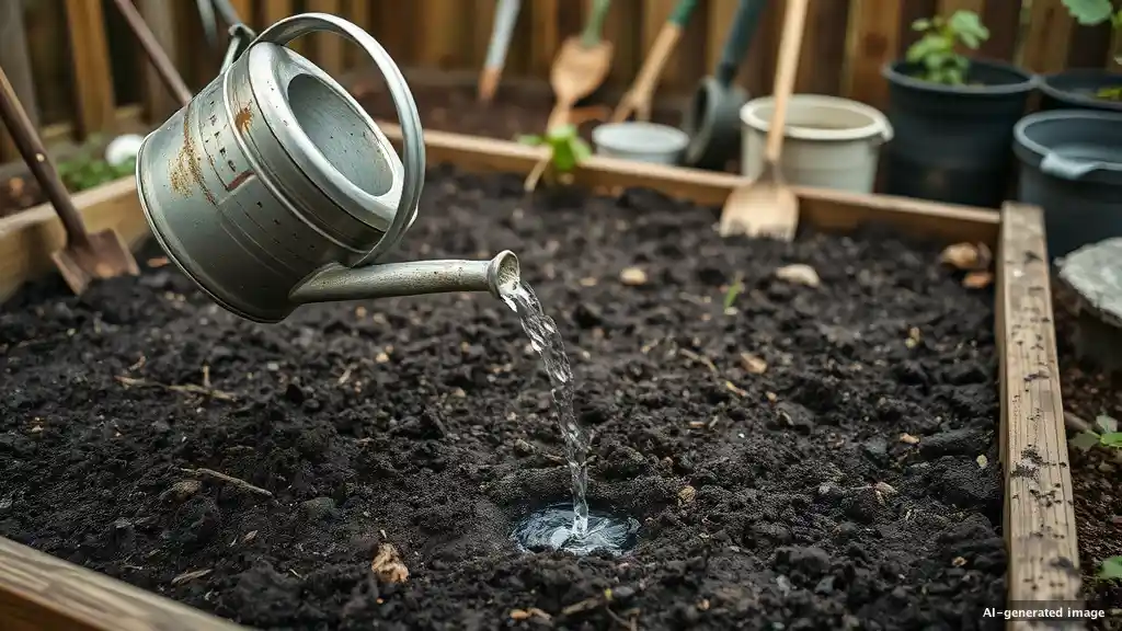 Eine Metallgießkanne gießt Wasser auf dunkle Erde zwischen grünen Pflanzen.