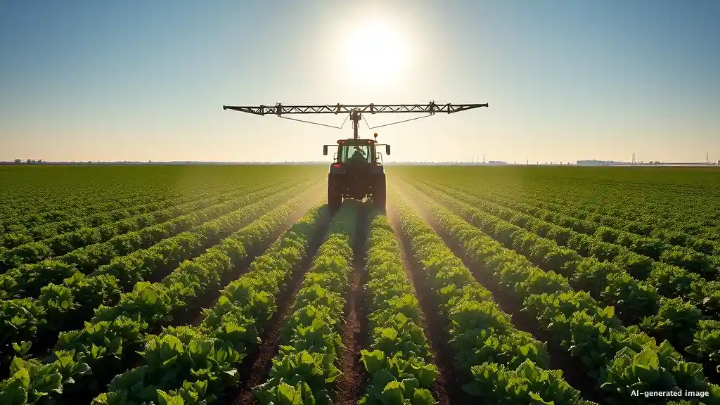 Eine großflächige Monokultur aus grünen Gemüsepflanzen auf kargem, trockenen Boden bei hellem Tageslicht.