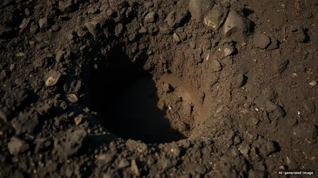 Ein kleiner, leerer Krater im dunklen Gartenboden, an dem eine Wurzel gefressen wurde.
