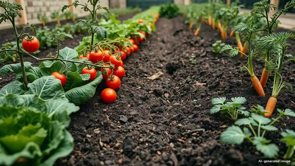 Ein Gemüsebeet mit verschiedenen Reihen aus Kohl, Tomaten und Karotten in dunkler Erde.